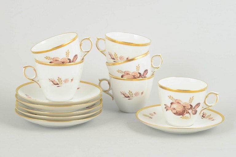 Royal Copenhagen, Denmark. Brown rose, set of six porcelain coffee cups with saucers with gilded (1 of 4)