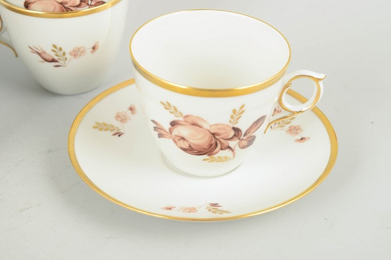 Royal Copenhagen, Denmark. Brown rose, set of six porcelain coffee cups with saucers with gilded - 3