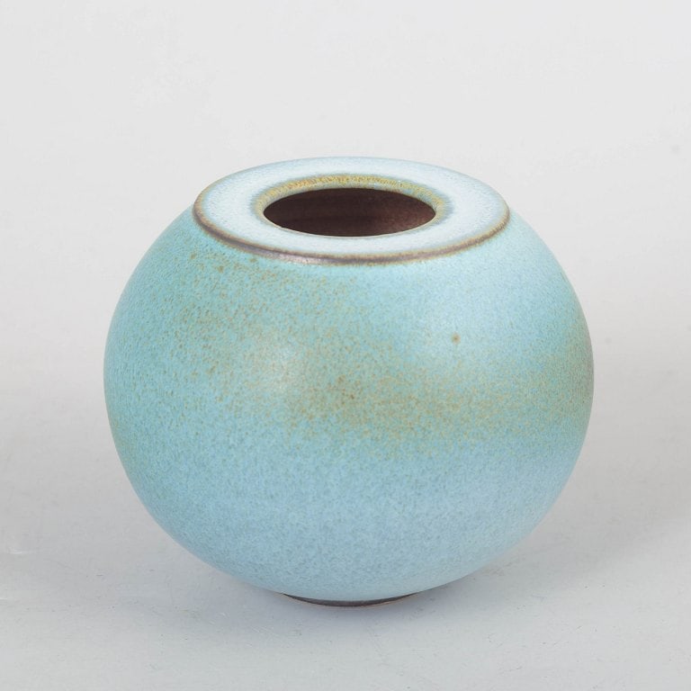 Unique Swedish studio pottery vase with rounded form and turquoise-blue glaze, signed BS. Approx.: Unique Swedish studio pottery vase, signed BS. Spherical vase in hand-thrown stoneware with a soft rounded form and light turquoise-blue speckled glaze. Origin: Sweden. Material: Stoneware.