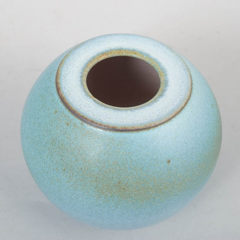 Unique Swedish studio pottery vase with rounded form and turquoise-blue glaze, signed BS. Approx. - 2