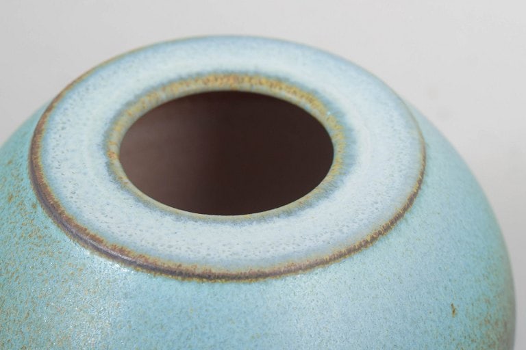 Unique Swedish studio pottery vase with rounded form and turquoise-blue glaze, signed BS. Approx. - 3