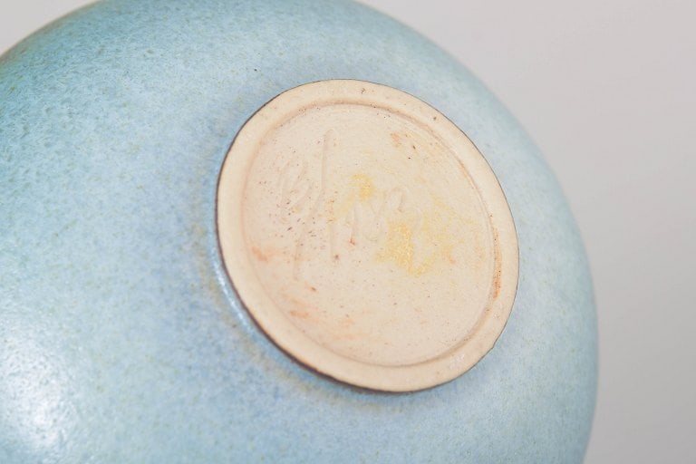 Unique Swedish studio pottery vase with rounded form and turquoise-blue glaze, signed BS. Approx. - 4