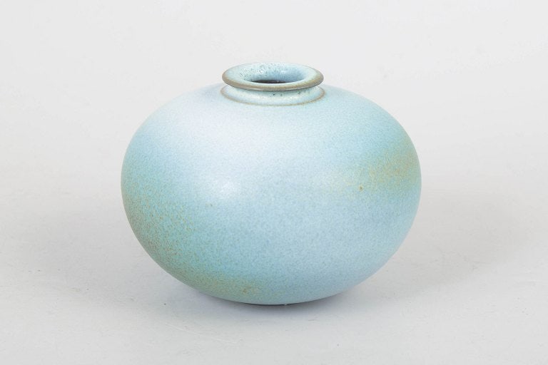 Unique Swedish studio spherical pottery vase with turquoise-blue glaze, signed BS. Approx. 1980s. (1 of 4)