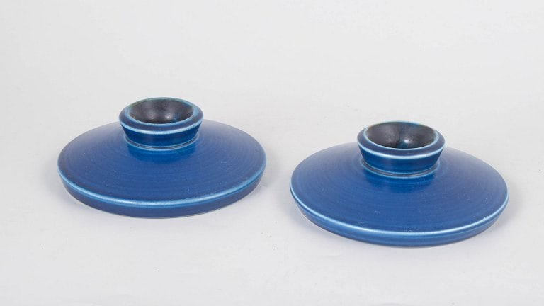 Aluminia, Denmark. Art Deco pair of candlesticks in blue-glazed faience. Approx. 1940s. (1 of 4)