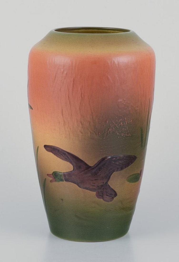 Ipsens Enke, Denmark. Ceramic vase with deer and duck. Glazing in orange and green tones. 1920s/30s. - 3