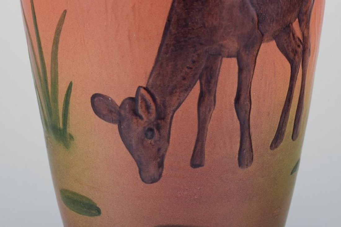 Ipsens Enke, Denmark. Ceramic vase with deer and duck. Glazing in orange and green tones. 1920s/30s. - 4