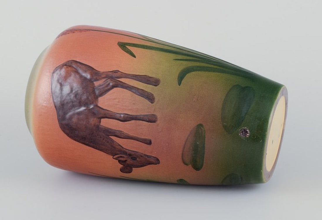 Ipsens Enke, Denmark. Ceramic vase with deer and duck. Glazing in orange and green tones. 1920s/30s. - 5