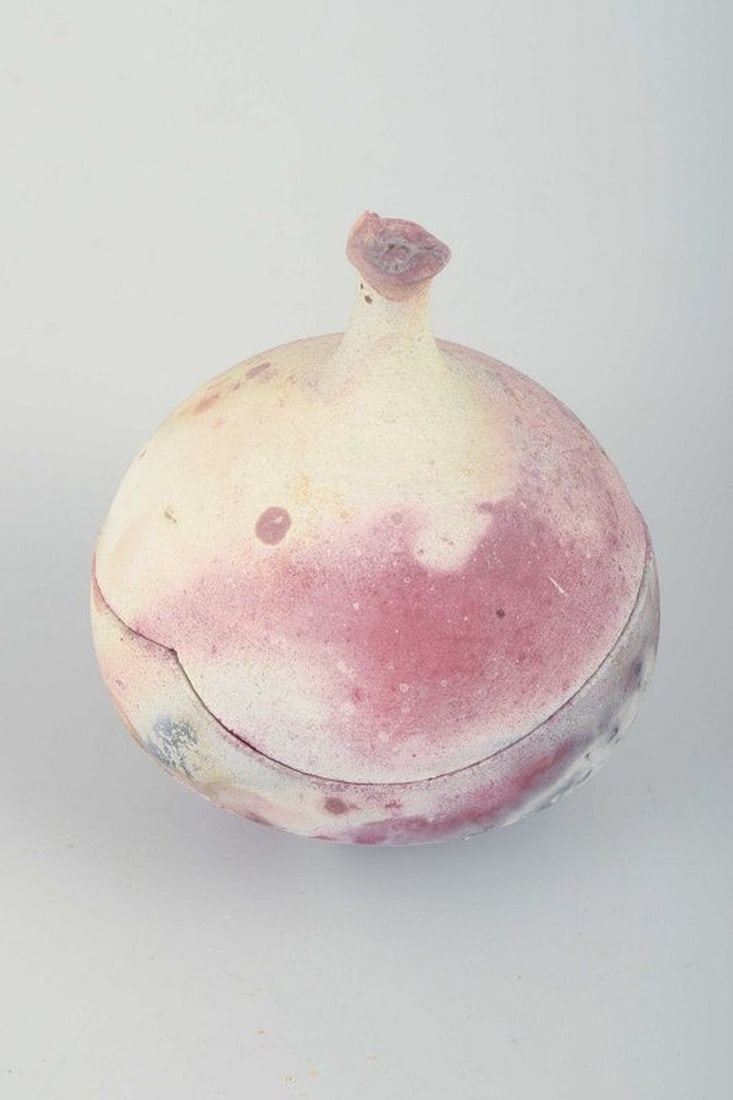 Scandinavian studio potter. Organically shaped lidded jar in thrown stoneware with raw surface. - 2