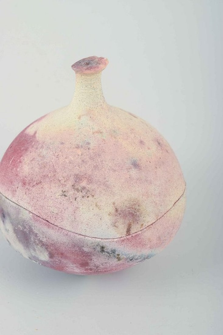 Scandinavian studio potter. Organically shaped lidded jar in thrown stoneware with raw surface. - 3