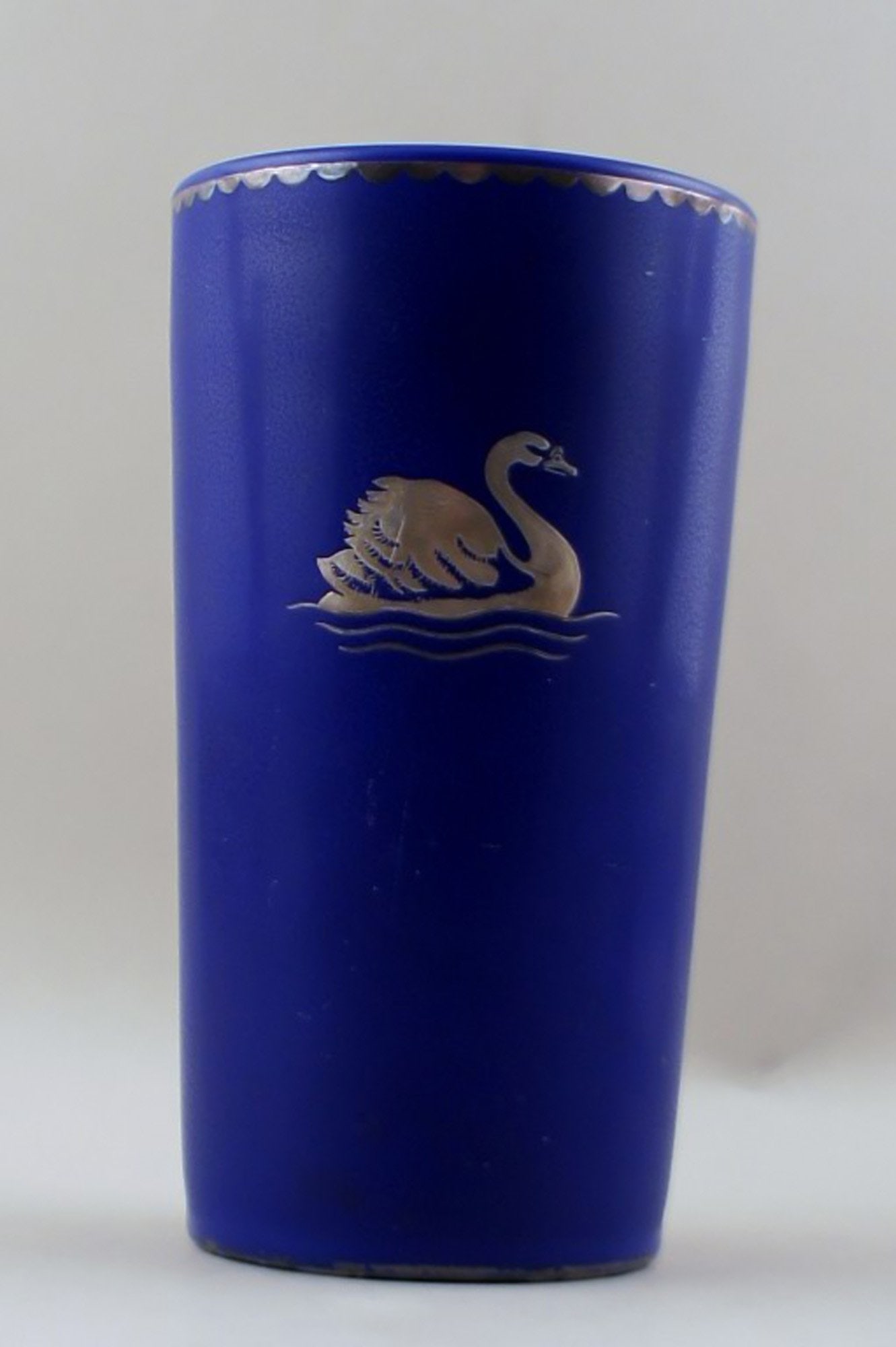 Gefle, Sweden. Gunnar Nylund. Porcelain vase, dark blue with swan in relief. (1 of 6)