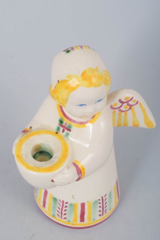 Aluminia, faience angel candlestick in yellow, pink and green tones, Denmark. Designed by Nils - 2