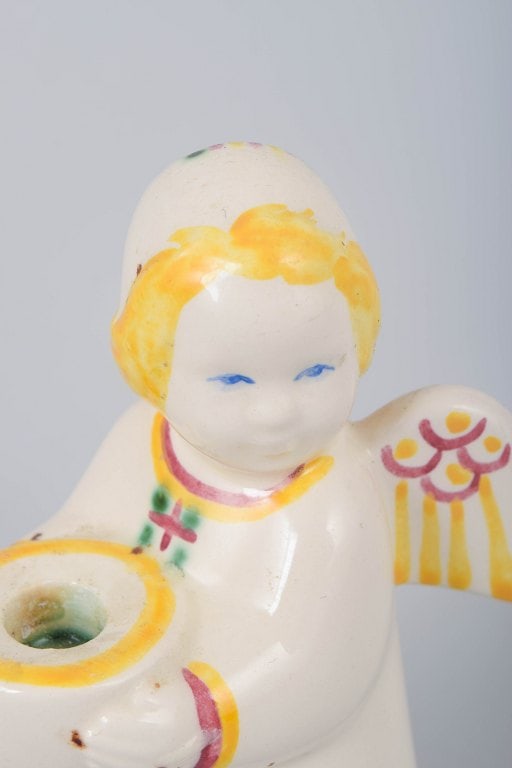 Aluminia, faience angel candlestick in yellow, pink and green tones, Denmark. Designed by Nils - 3
