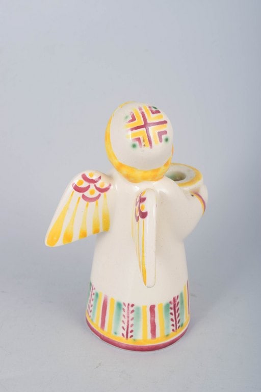 Aluminia, faience angel candlestick in yellow, pink and green tones, Denmark. Designed by Nils - 4