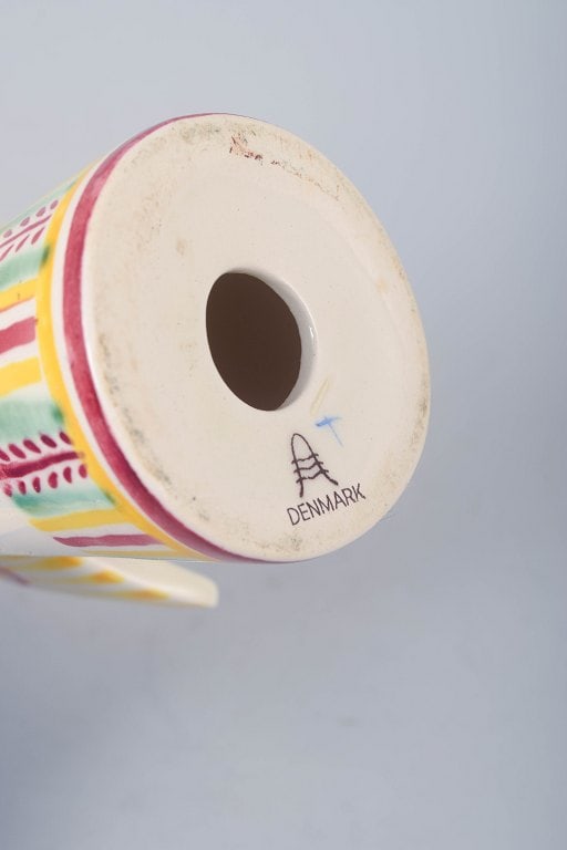 Aluminia, faience angel candlestick in yellow, pink and green tones, Denmark. Designed by Nils - 5