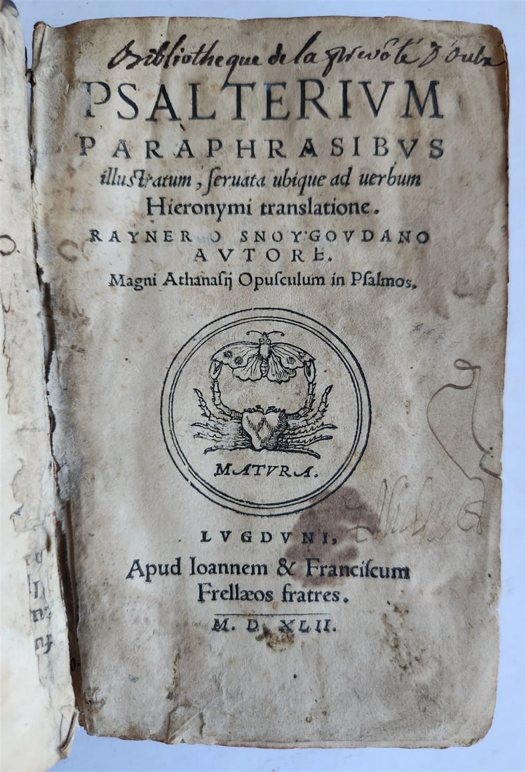 1542 PSALTER antique 16th CENTURY PSALTERIUM PARAPHRASIBUS: Title: 1542 PSALTER antique 16th CENTURY PSALTERIUM PARAPHRASIBUS Description: Raynerio Snoygoudano/ Reinier Snoy PSALTERIUM PARAPHRASIBUS Lyon; 1542 Elegant and rare sixteenth-century example of the