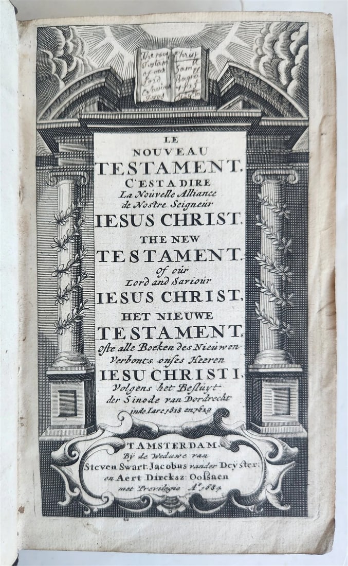 1684 BIBLE in ENGLISH FRENCH & DUTCH antique NEW TESTAMENT: Title: 1684 BIBLE in ENGLISH FRENCH & DUTCH antique NEW TESTAMENT Description: Polyglot Bible NEW TESTAMENT Le Nouveau Testament..., text in French, Dutch & English in triple column, engraved title Am