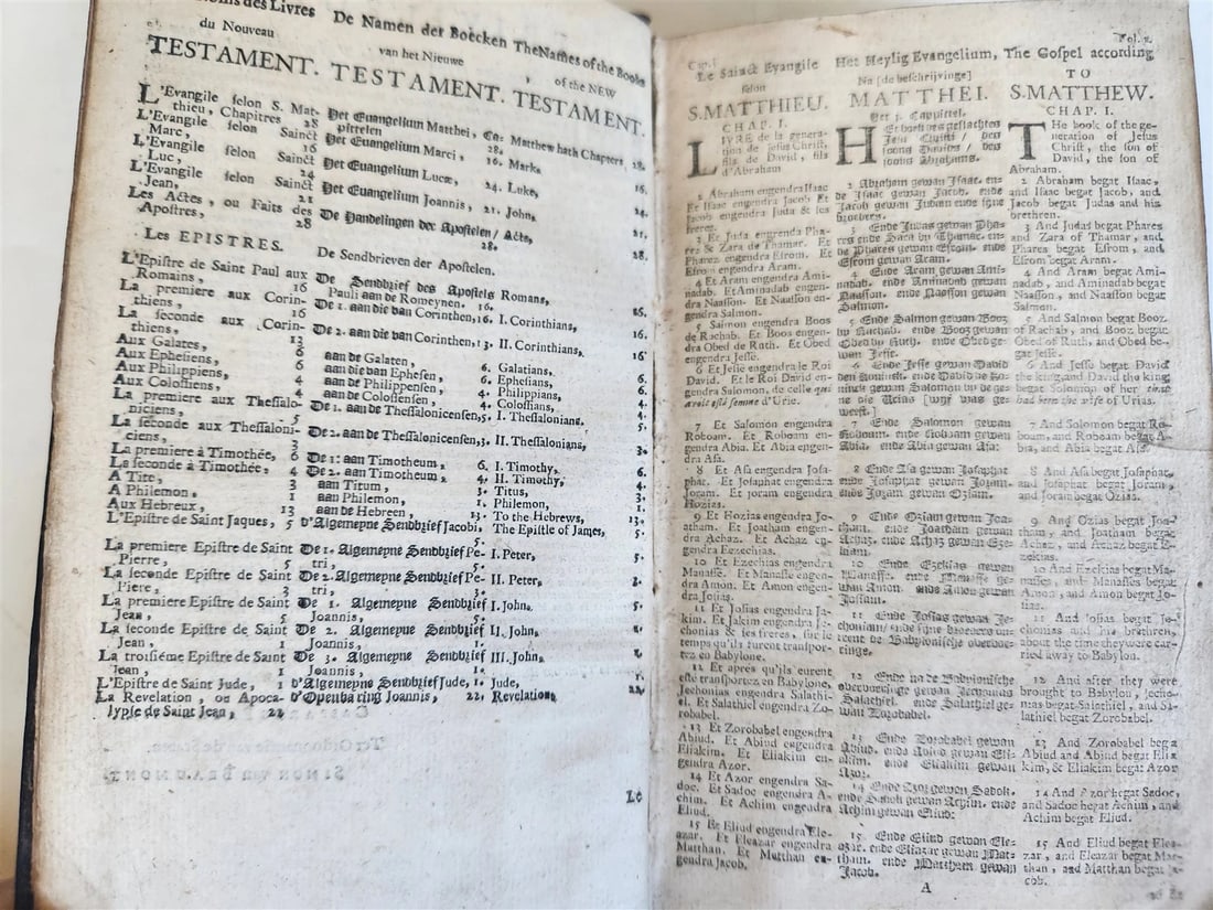 1684 BIBLE in ENGLISH FRENCH & DUTCH antique NEW TESTAMENT - 8