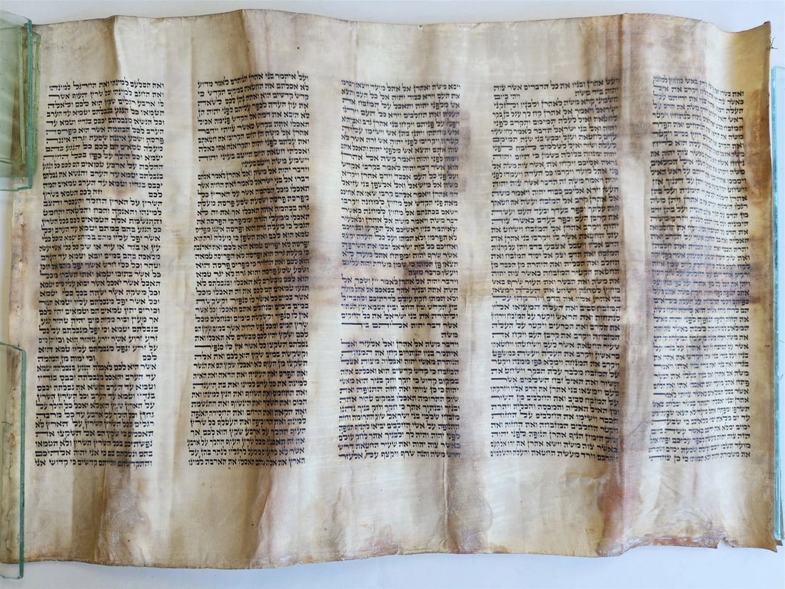 TORAH SCROLL FRAGMENT MANUSCRIPT on VELLUM 19th century ANTIQUE LEVITICUS 9:3: Title: TORAH SCROLL FRAGMENT MANUSCRIPT on VELLUM 19th century ANTIQUE LEVITICUS 9:3 Description: FRAGMENT of BOOK OF LEVITICUS 9:3 Size 19.5 by 29" c. late 19th century Wear, spots visible on the pho