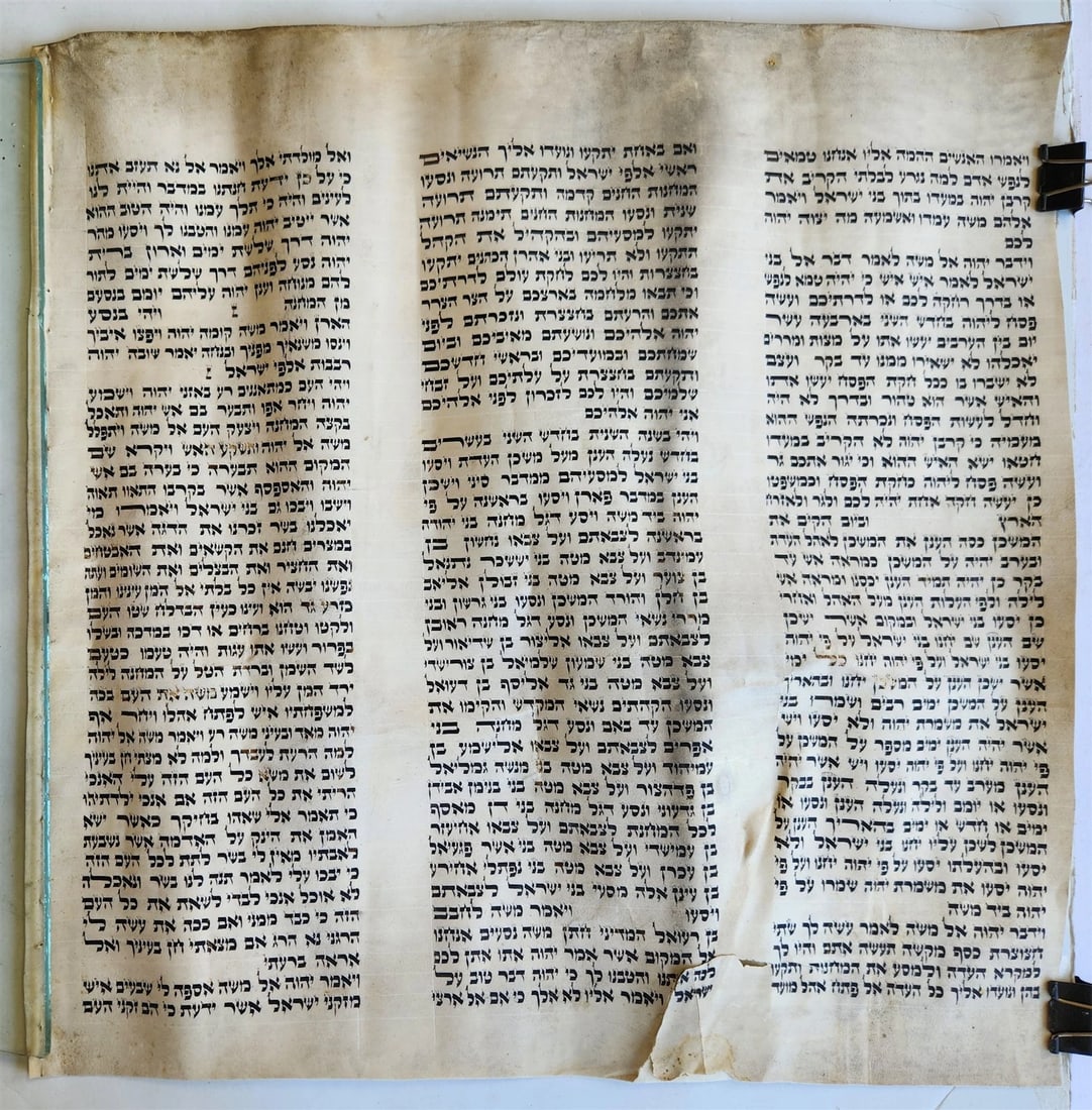 TORAH SCROLL FRAGMENT MANUSCRIPT on VELLUM 19th century ANTIQUE Book of NUMBERS: Title: TORAH SCROLL FRAGMENT MANUSCRIPT on VELLUM 19th century ANTIQUE Book of NUMBERS Description: FRAGMENT of BOOK OF NUMBERS 9:7 - 11:16 Size 18 by 19" c. late 19th century Good condition, except t