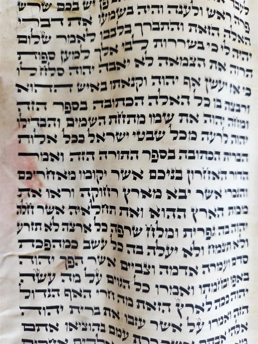 TORAH SCROLL FRAGMENT VELLUM MANUSCRIPT 19th century ANTIQUE DEUTERONOMY 28:30 - 2