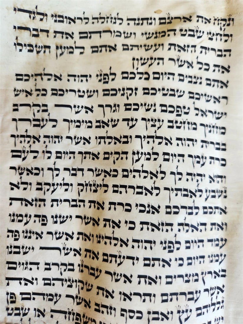 TORAH SCROLL FRAGMENT VELLUM MANUSCRIPT 19th century ANTIQUE DEUTERONOMY 28:30 - 3
