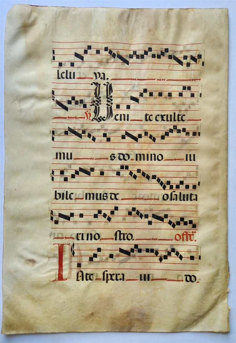 17th cent. ANTIPHONAL MUSIC CHART VELLUM MANUSCRIPT antique LITURGICAL 18 x 26" - 2
