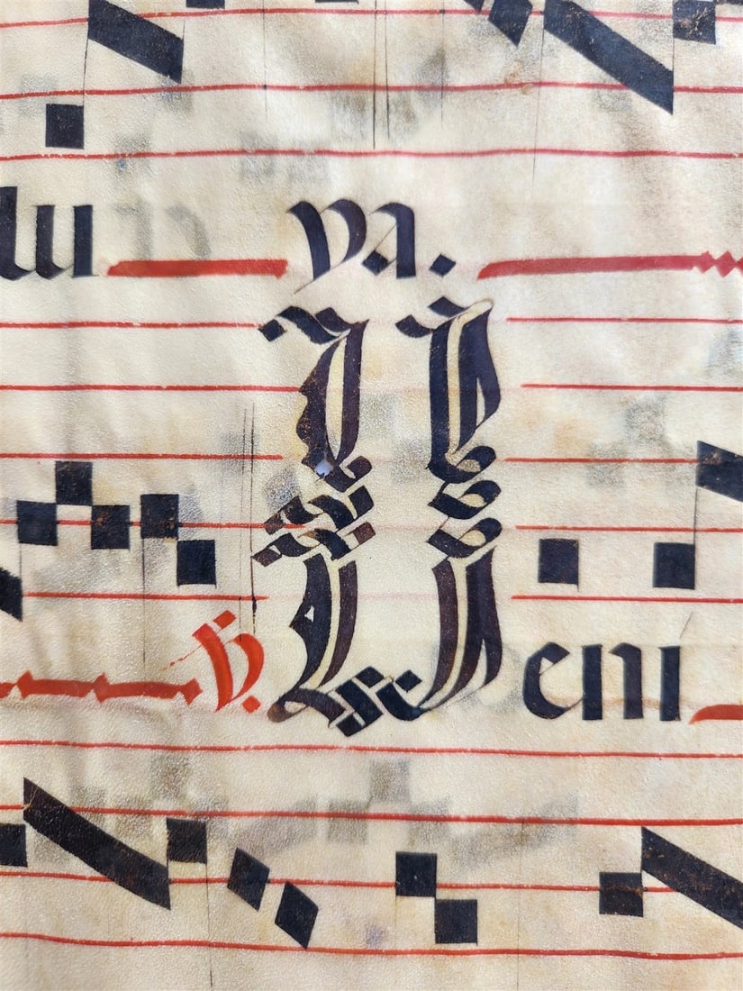 17th cent. ANTIPHONAL MUSIC CHART VELLUM MANUSCRIPT antique LITURGICAL 18 x 26" - 3