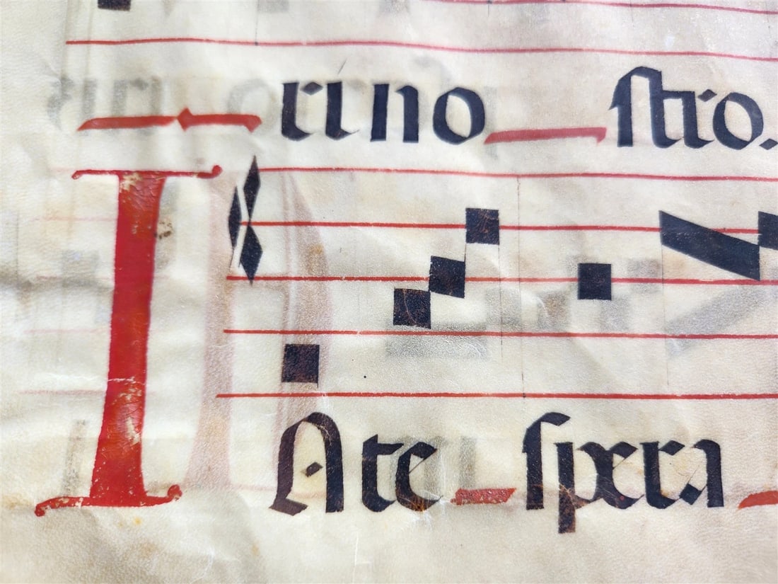 17th cent. ANTIPHONAL MUSIC CHART VELLUM MANUSCRIPT antique LITURGICAL 18 x 26" - 4