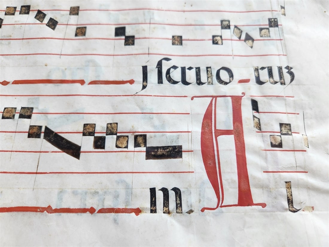 17th cent. ANTIPHONAL MUSIC CHART VELLUM MANUSCRIPT antique LITURGICAL 18 x 26" - 5