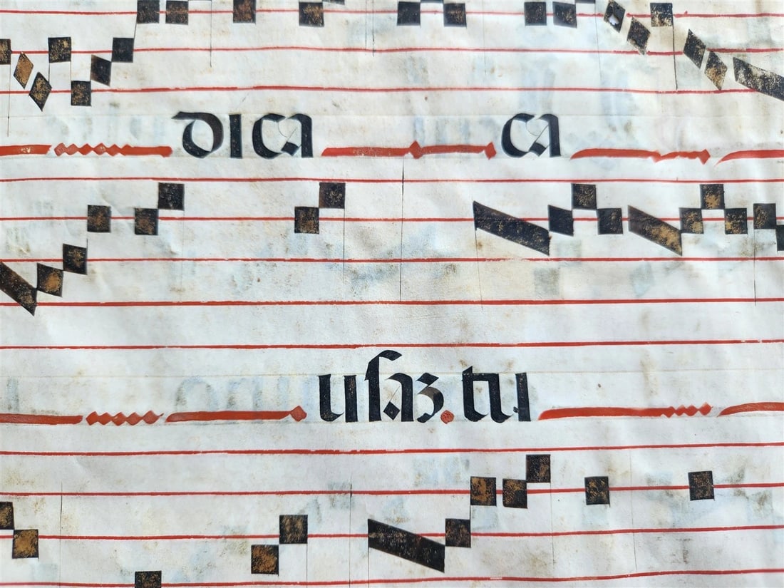 17th cent. ANTIPHONAL MUSIC CHART VELLUM MANUSCRIPT antique LITURGICAL 18 x 26" - 6