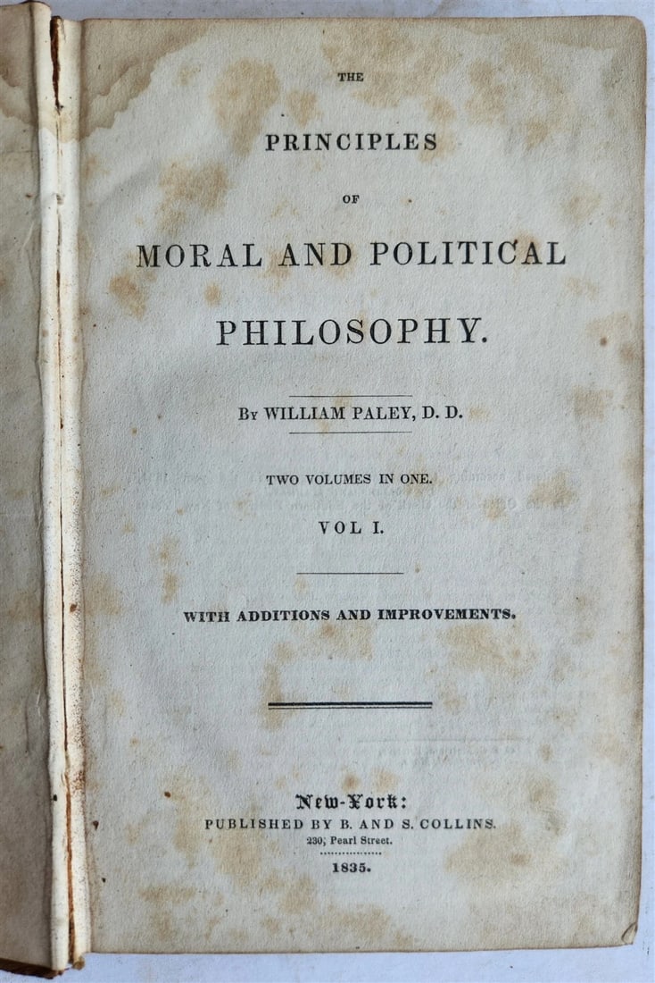 1835 PRINCIPLES of MORAL and POLITICAL PHILOSOPHY by W. Paley antique AMERICANA (1 of 10)