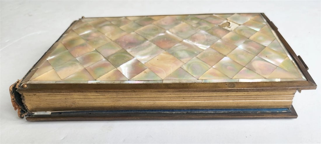 PHOTO ALBUM w/ MOTHER OF PEARL COVERS BRASS FRAME & CLASPS antique 19th CENTURY - 12