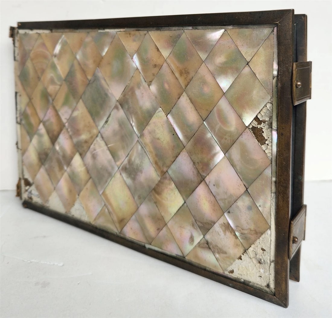 PHOTO ALBUM w/ MOTHER OF PEARL COVERS BRASS FRAME & CLASPS antique 19th CENTURY (1 of 12)