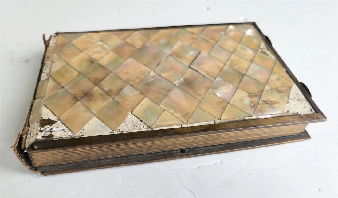 PHOTO ALBUM w/ MOTHER OF PEARL COVERS BRASS FRAME & CLASPS antique 19th CENTURY - 2