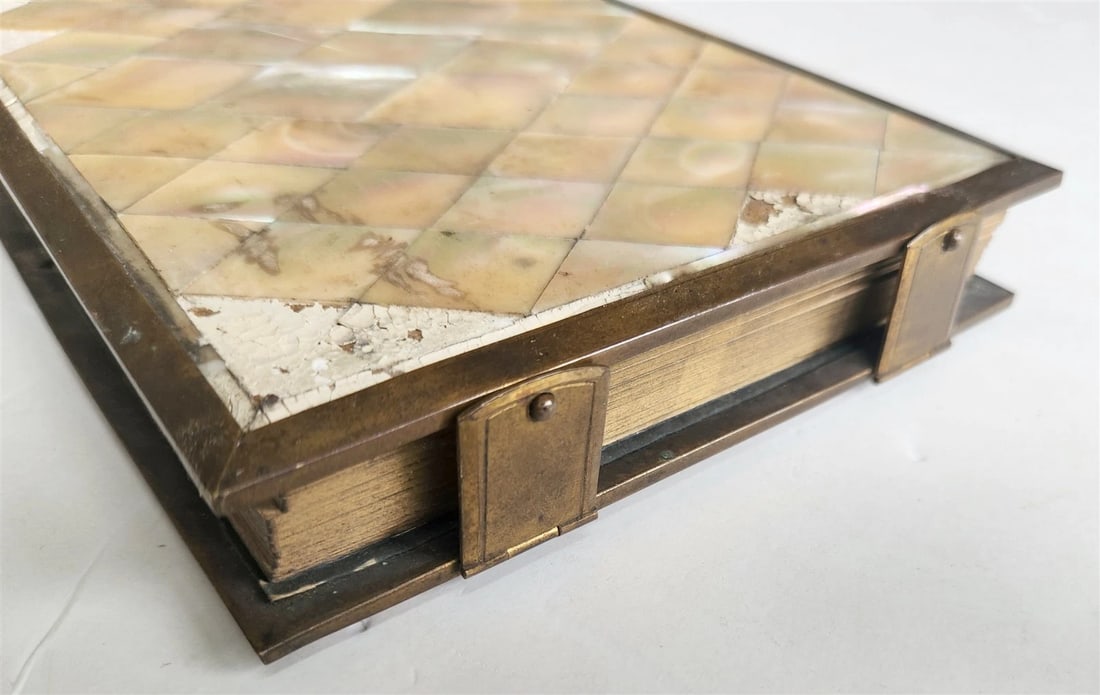 PHOTO ALBUM w/ MOTHER OF PEARL COVERS BRASS FRAME & CLASPS antique 19th CENTURY - 4