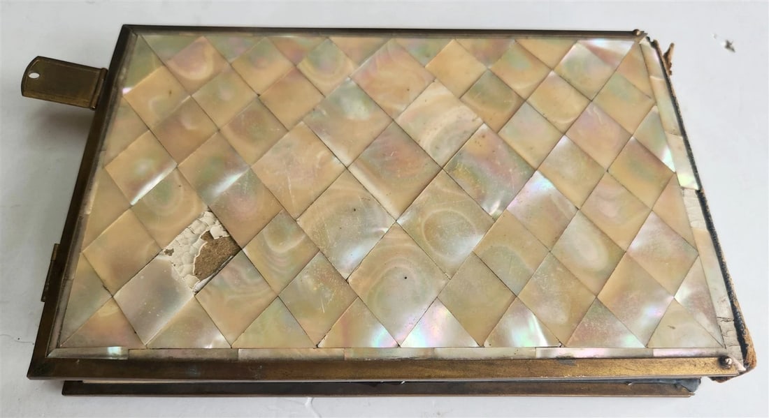 PHOTO ALBUM w/ MOTHER OF PEARL COVERS BRASS FRAME & CLASPS antique 19th CENTURY - 8