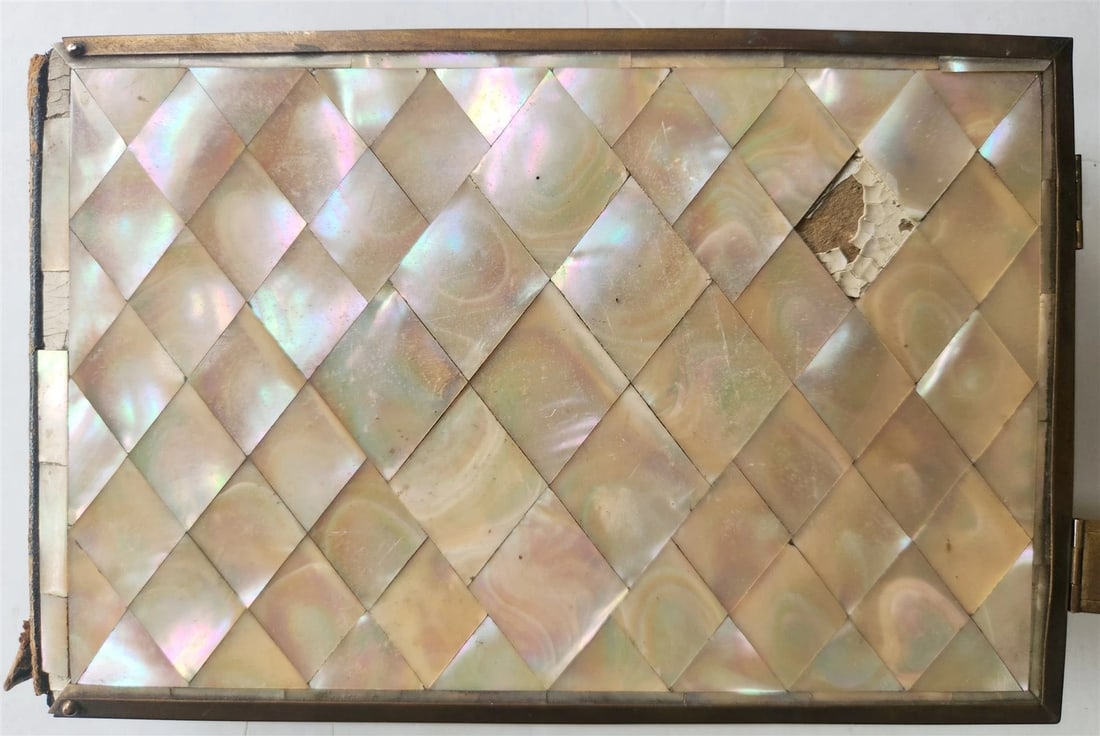 PHOTO ALBUM w/ MOTHER OF PEARL COVERS BRASS FRAME & CLASPS antique 19th CENTURY - 9