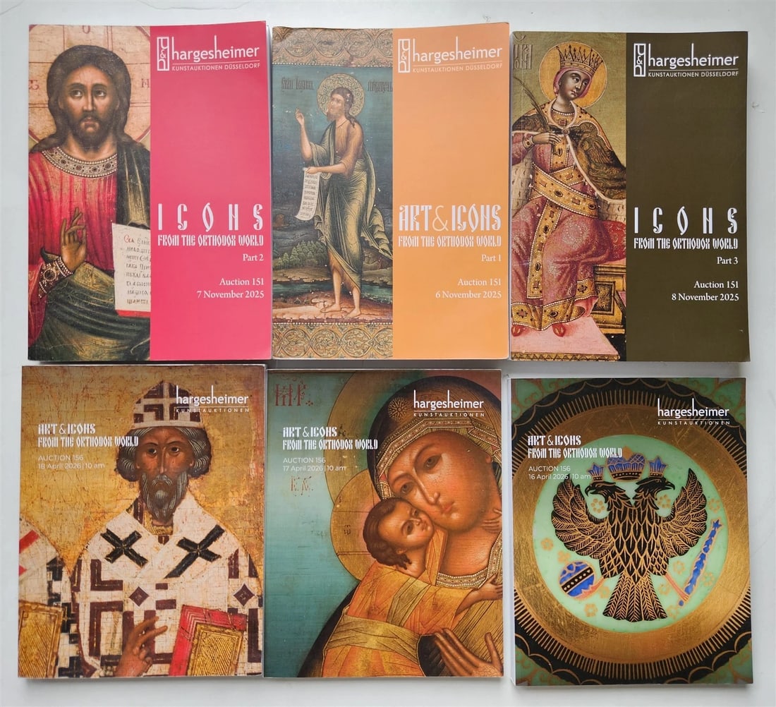 RUSSIAN & GREEK ORTHODOX ICONS LOT of 6 2025-2026 GERMAN AUCTION CATALOGS: Title: RUSSIAN & GREEK ORTHODOX ICONS LOT of 6 2025-2026 GERMAN AUCTION CATALOGS Description: Mint condition Please see my other auctions Reserve: $48.00 Shipping: Domestic: Flat-rate of $25.00 to any