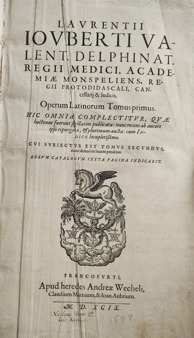1599 MEDICAL TREATISE by Laurent Jourbert antique VELLUM 16th century FOLIO: Title: 1599 MEDICAL TREATISE by Laurent Jourbert antique VELLUM 16th century FOLIO Description: Jourbert, Laurent. Operum Latinorum Tomus primus [-secundus]. Frankfurt: Wecheli; 1599 Woodcut portrait.