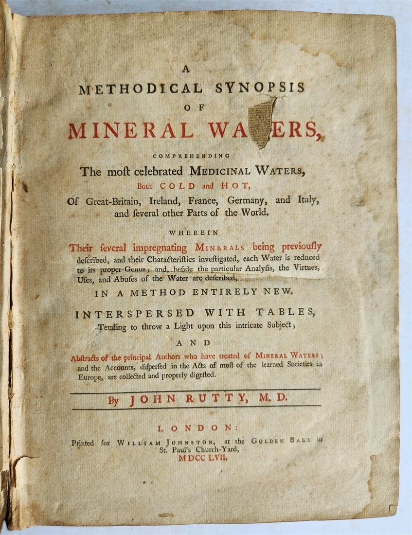 1757 METHODICAL SYNOPSIS of MINERAL WATERS by John Rutty antique in ENGLISH (1 of 17)