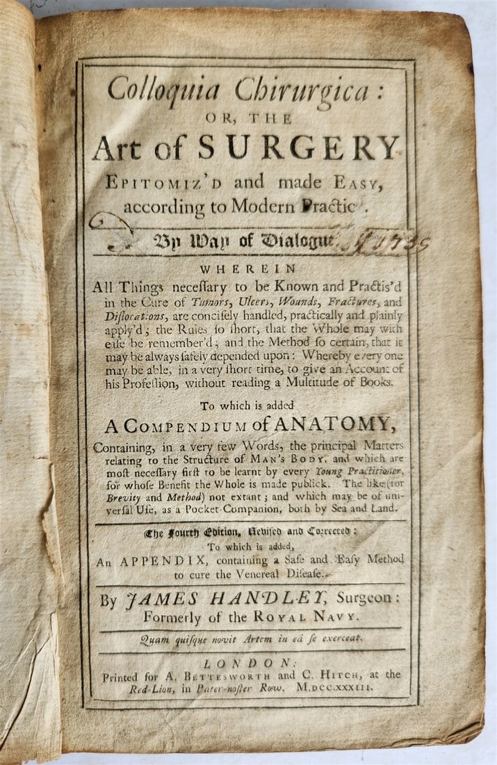 1733 Colloquia Chyrurgica, or the Whole Art of Surgery ANTIQUE in ENGLISH: Title: 1733 Colloquia Chyrurgica, or the Whole Art of Surgery ANTIQUE in ENGLISH Description: Handley, James. Colloquia Chyrurgica, or the Whole Art of Surgery. The Fourth Edition, Revised and