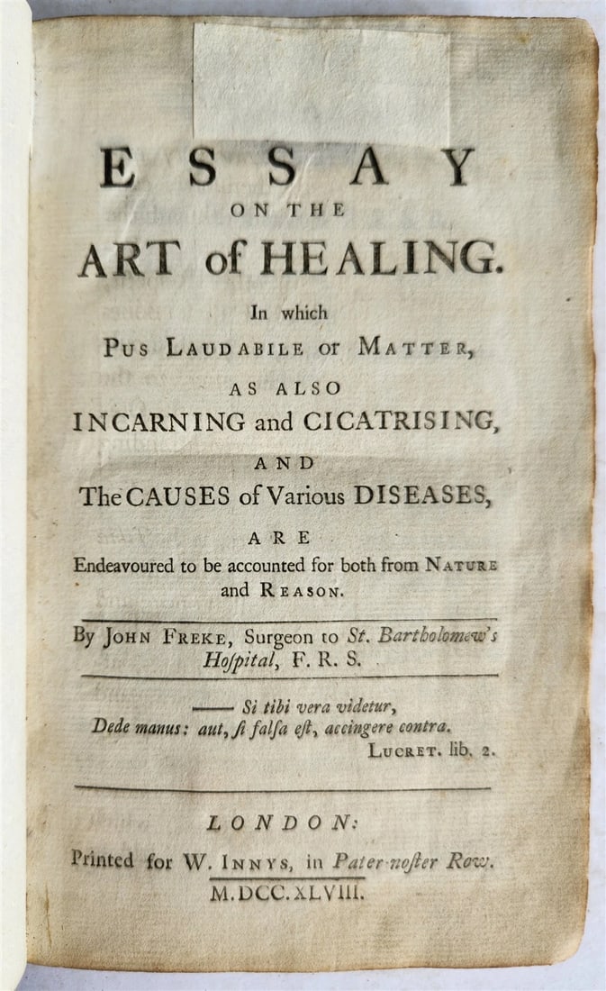 1748 Essay on the Art of Healing by John Freke ANTIQUE in ENGLISH: Title: 1748 Essay on the Art of Healing by John Freke ANTIQUE in ENGLISH Description: Freke, John. Essay on the Art of Healing London, 1748 [10], xiv, 272 pages. FIRST EDITION. -Wellcome III, page
