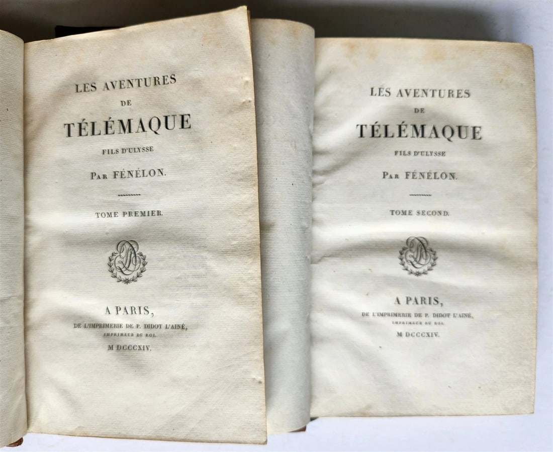 1814 LES AVENTURES de TELEMAQUE by FENELON 2 VOLUMES in FRENCH ANTIQUE: Title: 1814 LES AVENTURES de TELEMAQUE by FENELON 2 VOLUMES in FRENCH ANTIQUE Description: LES AVENTURES de TELEMAQUE by Fenelon Paris; 1814 Prized dedication note from 1821 to the front endpaper Orig
