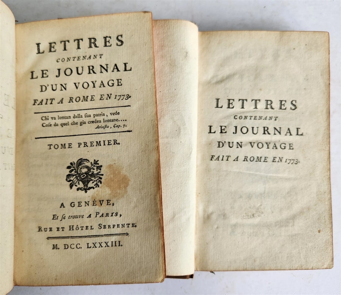 1773 VOYAGE to ROME 2 VOLUMES SET in FRENCH ANTIQUE: Title: 1773 VOYAGE to ROME 2 VOLUMES SET in FRENCH ANTIQUE Description: LETTRES CONTENANT le JOURNAL d'UN VOYAGE FAIT a ROME en 1773 Geneve; 1773 2 volumes, complete set Original mottled leather bindi