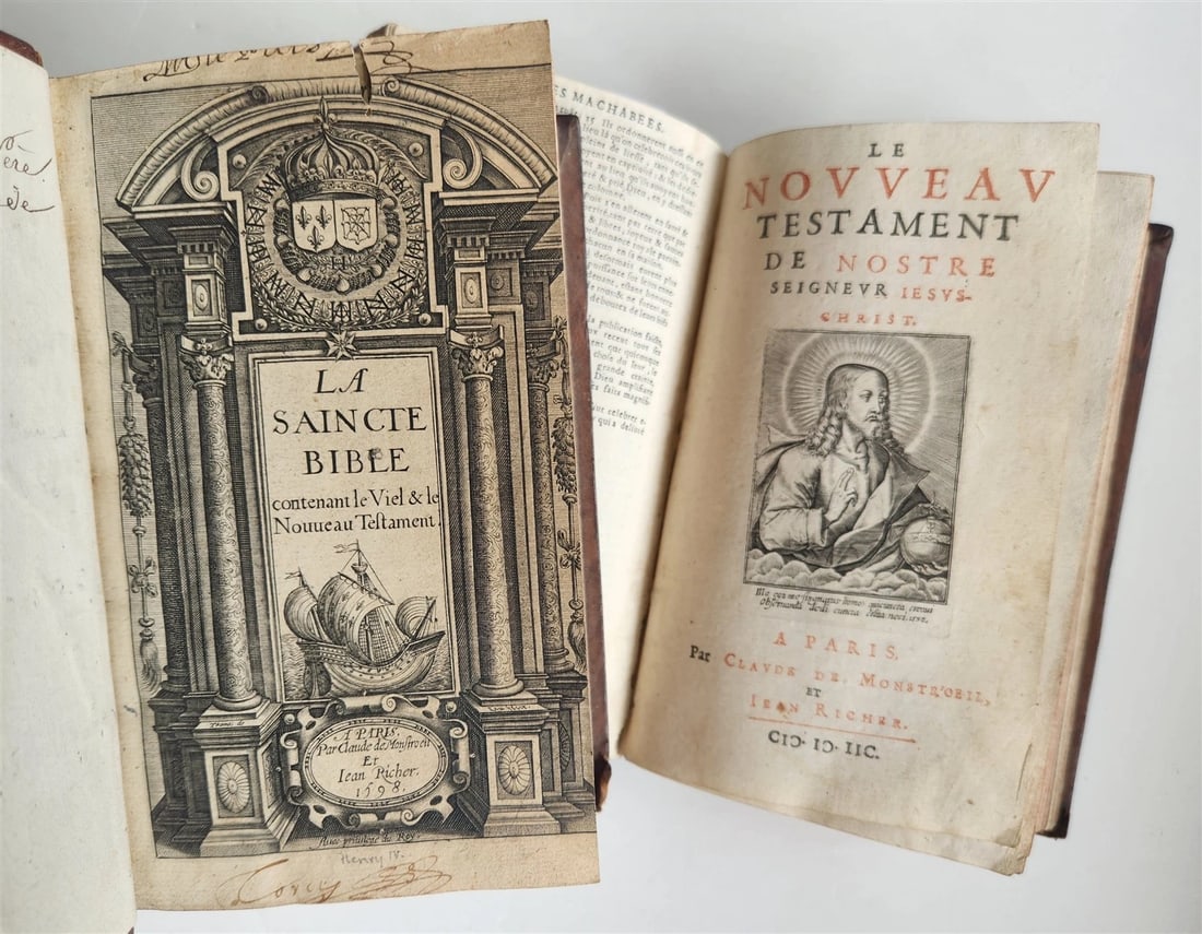 1598 BIBLE in FRENCH ILLUSTRATED 2 VOLUMES antique OLD & NEW TESTAMENT (1 of 20)