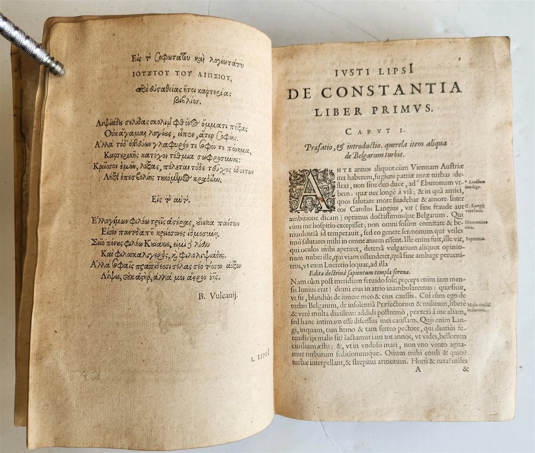 1615 LIPSIUS PHILOSOPHICAL DIALOGUE antique PLANTIN PRESS De constantia VELLUM - 15