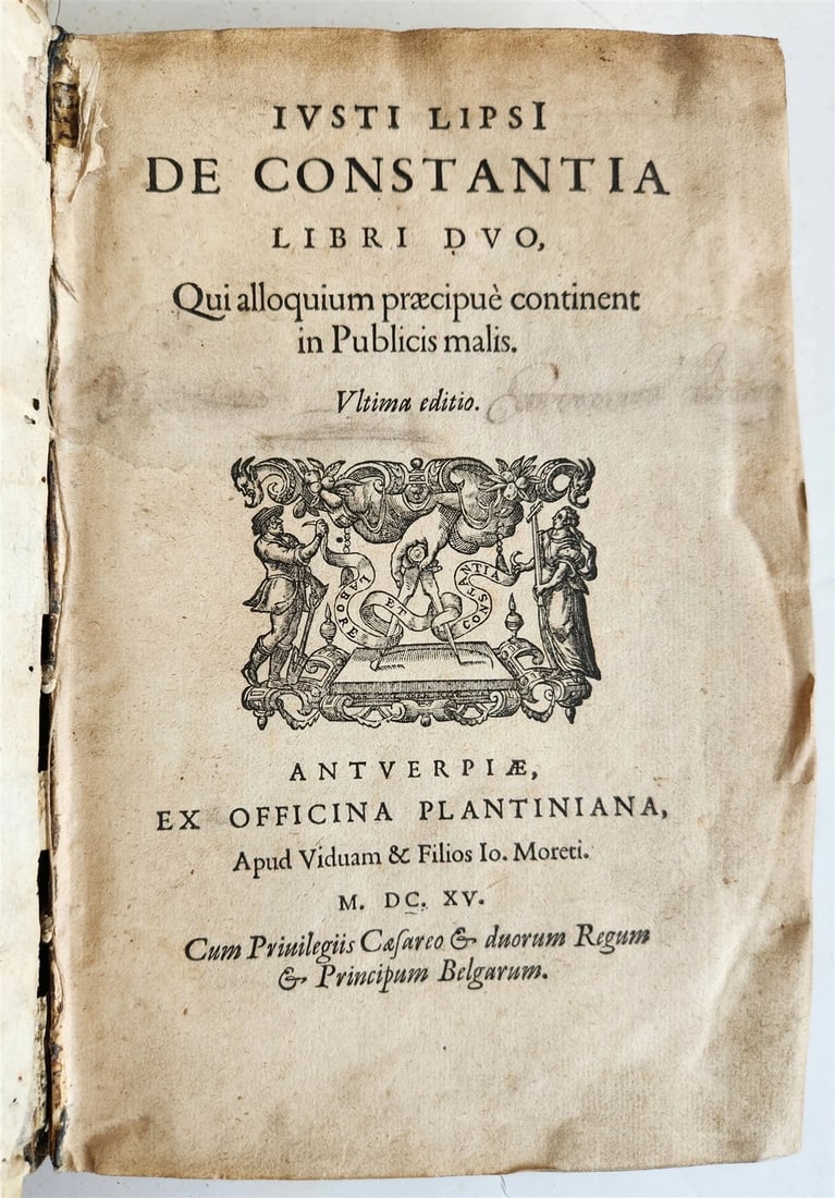 1615 LIPSIUS PHILOSOPHICAL DIALOGUE antique PLANTIN PRESS De constantia VELLUM: Title: 1615 LIPSIUS PHILOSOPHICAL DIALOGUE antique PLANTIN PRESS De constantia VELLUM Description: LIPSIUS, Justus De constantia libri duo [...]. Ultima editio Antwerp: Plantin Press (Wid. & Sons of J