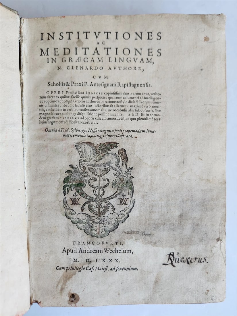 1580 GREEK LANGUAGE TREATISE VELLUM BINDING antique 16th CENTURY: Title: 1580 GREEK LANGUAGE TREATISE VELLUM BINDING antique 16th CENTURY Description: Institutiones ac Meditationes in Graecam linguam. Scholiis et praxi P. Antesignani... Omnia à Frid.