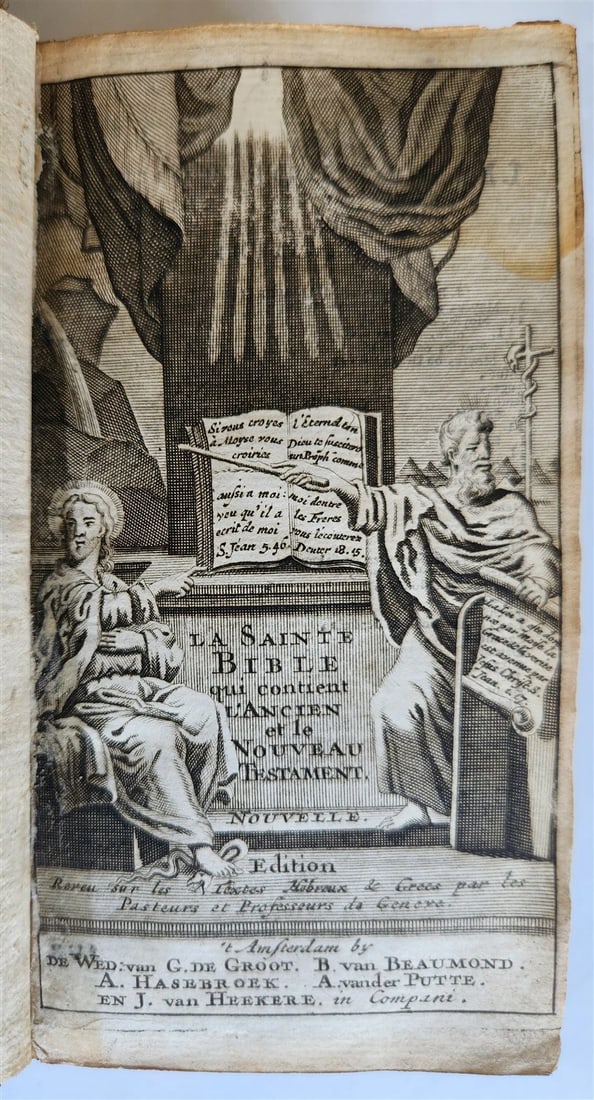 1733 BIBLE in FRENCH Old and New Testament DECORATIVE BINDING antique - 2