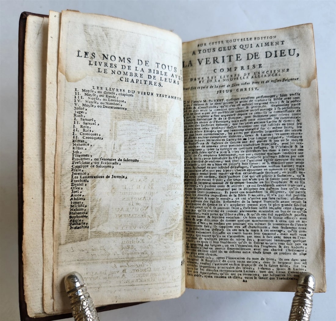 1733 BIBLE in FRENCH Old and New Testament DECORATIVE BINDING antique - 6